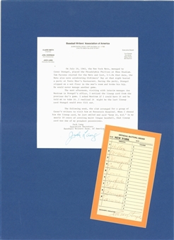 1965 Casey Stengel Signed Line Up Card From Last Game as Manager on 7/24/65 With Letter From Jack Lang (Beckett)